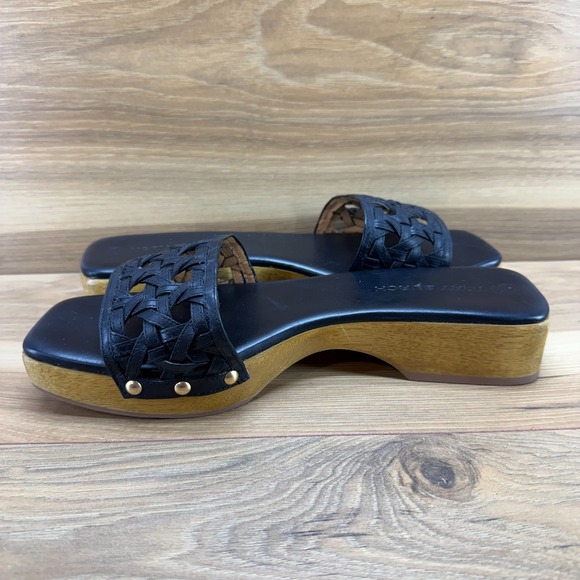 Tory Burch Basketweave Wooden Slides Womens 10.5 M Black Leather Slip On Clog - Picture 6 of 11
